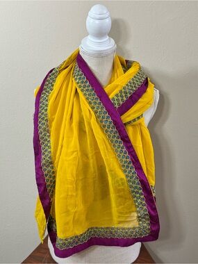 Yellow Multicolored Embroidered Indian Dupatta Sari Wrap Chanderi Scarf Silk